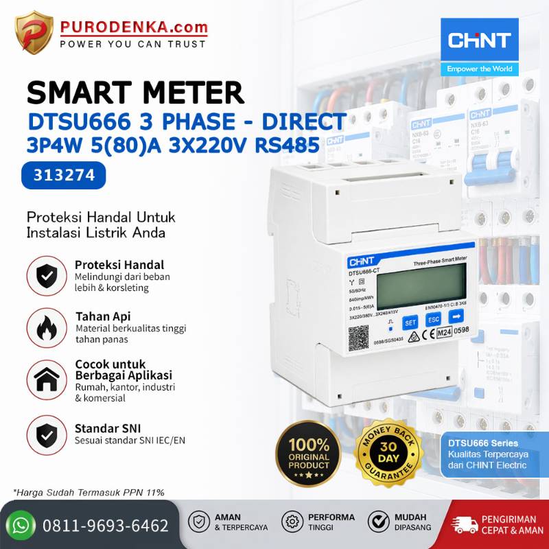 CHINT Smart Meter DTSU666 3 Phase - Direct 3P4W 3x220V 5(80)A RS485 4P 313274