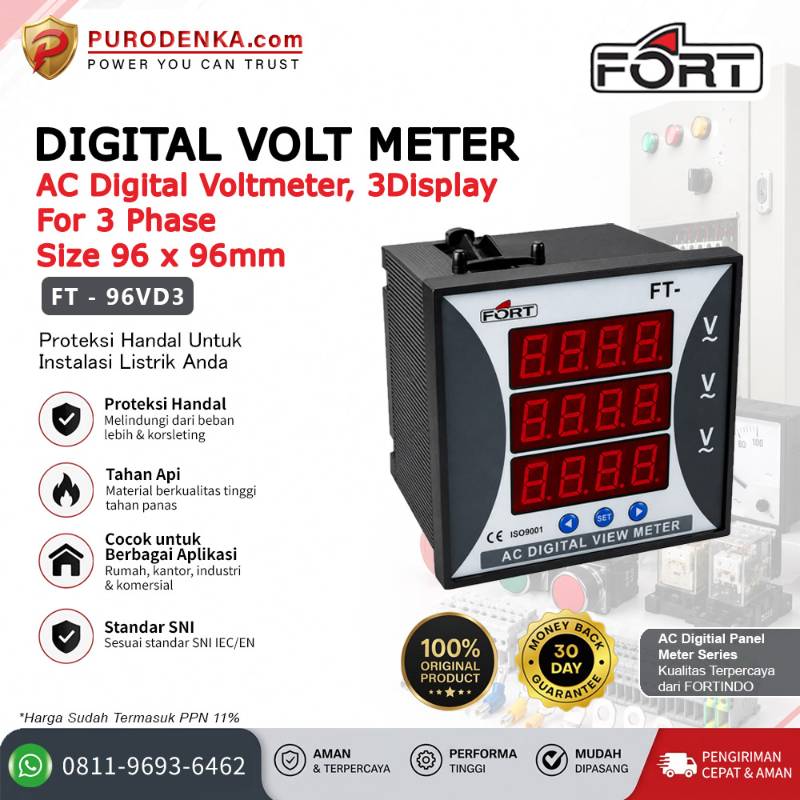 FORT AC Digital Volt Meter 3 Phase 3 Display FT-96VD3