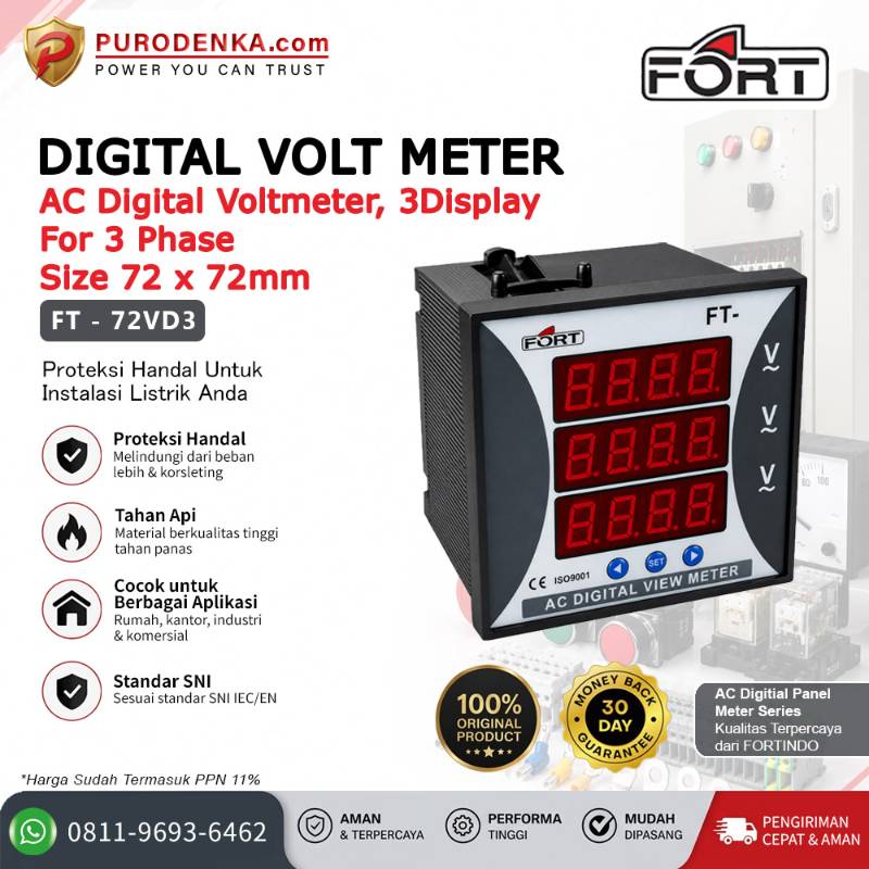 FORT AC Digital Volt Meter 3 Phase 3 Display FT-72VD3