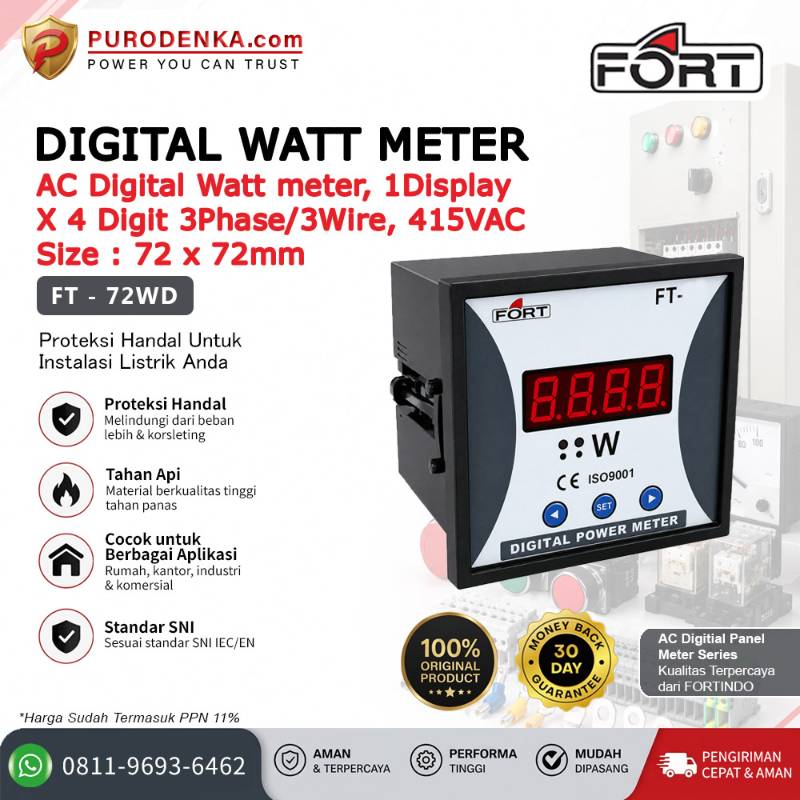 FORT AC Digital Watt Meter 1 Display X 4 Digit 3 Phase 3 Wire, 415VAC FT-72WD