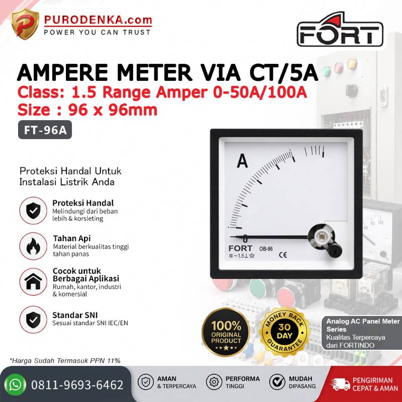 FORT Analog AC Amper Meter VIA CT/5A Class 1.5 0-50A/100A FT-96A