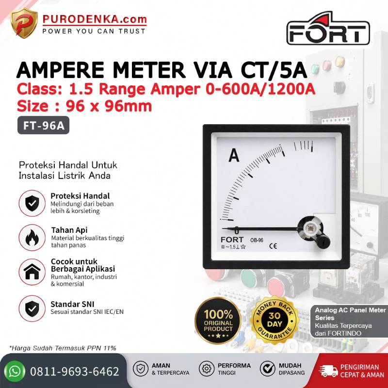 FORT Analog AC Amper Meter VIA CT/5A Class 1.5 0-600A/1200A FT-96A