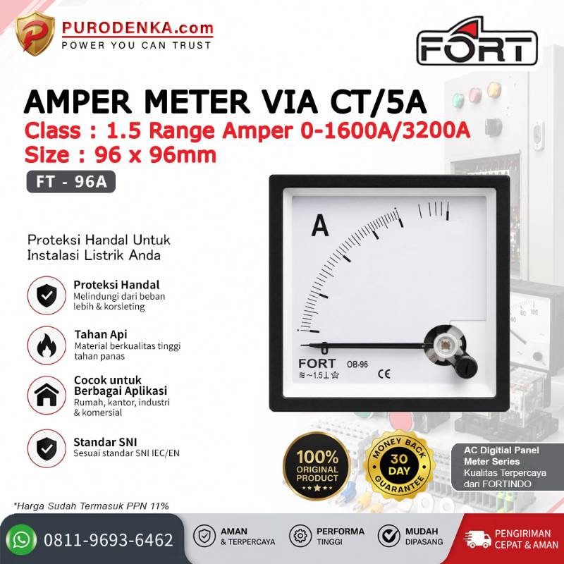 FORT Analog AC Amper Meter VIA CT/5A Class 1.5 0-1600A/3200A FT-96A