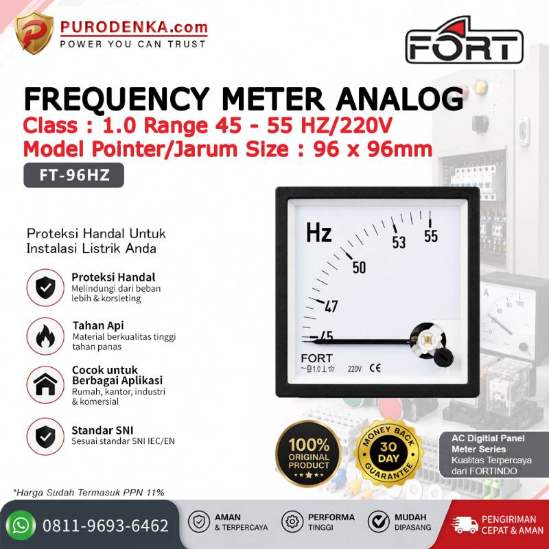 FORT Frequency (Hz) Meter Analog Class 1.0 45-55Hz/220V Model Pointer/Jarum FT-96HZ