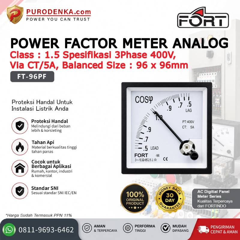FORT Power Factor Meter Analog Class 1.5 3 Phase 400V Via CT/5A Balanced FT-96PF