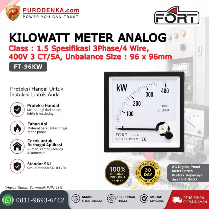 FORT Kilowatt Meter Analog Class 1.5 3 Phase / 4 Wire 400V 3 CT/5A Unbalance FT-96KW