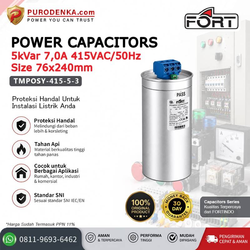 FORT Power Capacitors 5kVar 7.0A 415VAC/50Hz TMPOSY-415-5-3