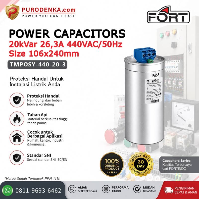 FORT Power Capacitors 20kVar 26.3A 440VAC/50Hz TMPOSY-440-20-3
