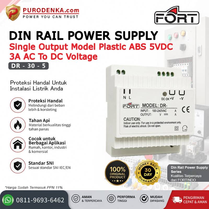 FORT Din Rail Power Supply AC to DC Plastic ABS Single Output 5VDC 3A DR-30-5