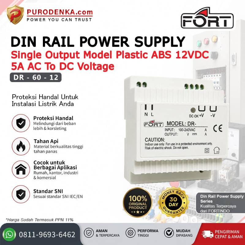 FORT Din Rail Power Supply AC to DC Plastic ABS Single Output 12VDC 5A DR-60-12