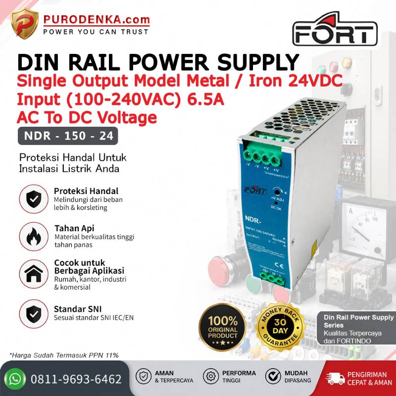 FORT Din Rail Power Supply AC to DC Metal/Iron Input 100-240VAC Single Output 24VDC 6.5A NDR-150-24