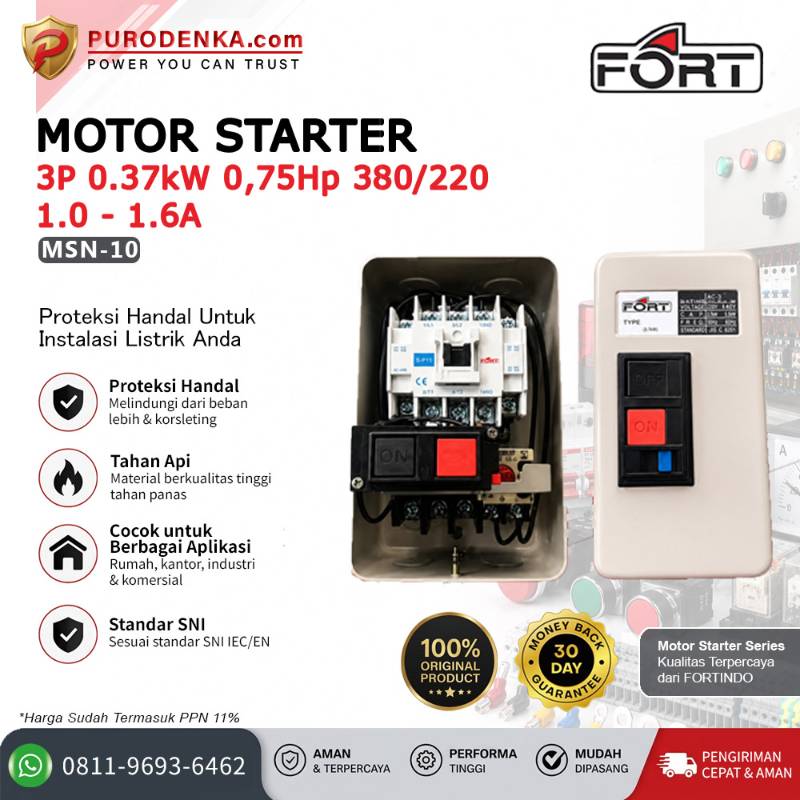 FORT Motor Starter DOL 3P 0.37kW 0.75Hp 380/220VAC 1.0-1.6A MSN-10