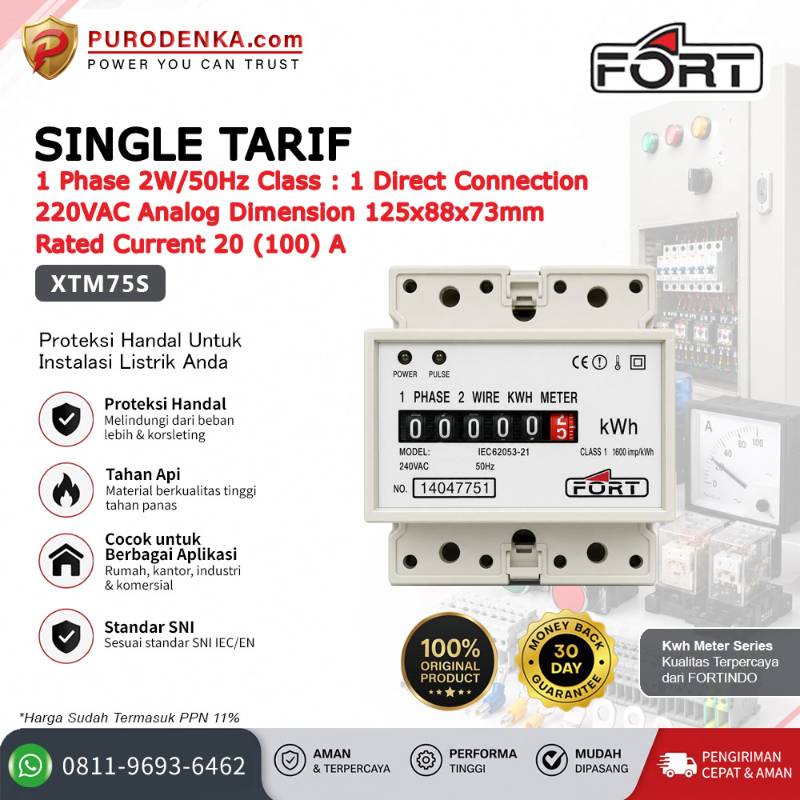 FORT Electronic Energy Meter (KWH Meter) Analog Single Tarif 1 Phase 2W/50Hz 20(100)A XTM75S
