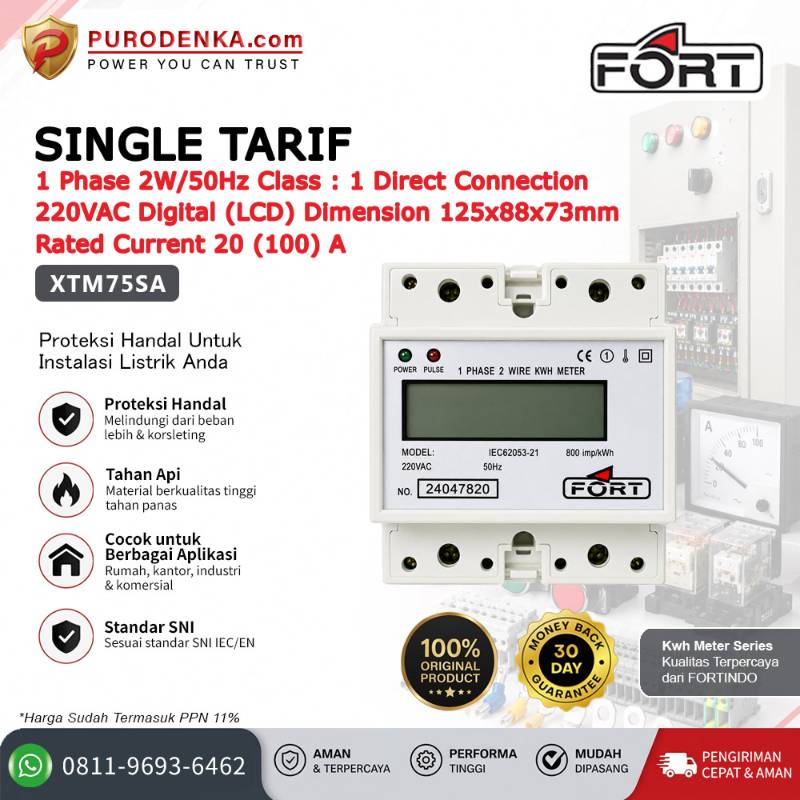 FORT Electronic Energy Meter (KWH Meter) Digital (LCD) Single Tarif 1 Phase 2W/50Hz 20(100)A XTM75SA