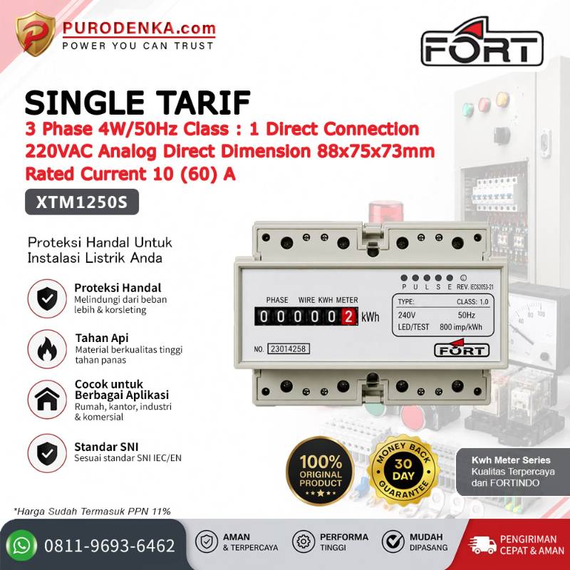 FORT Electronic Energy Meter (KWH Meter) Analog>Direct Single Tarif 3 Phase 4W/50Hz 10(60)A XTM1250S