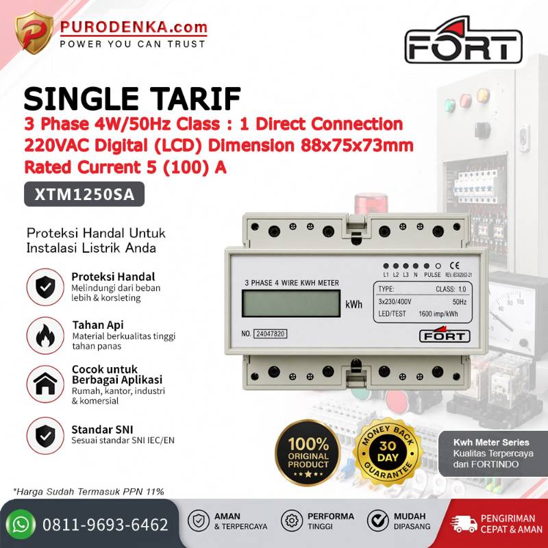FORT Electronic Energy Meter (KWH Meter) Digital (LCD)>Direct Single Tarif 3 Phase 4W/50Hz 5(100)A XTM1250SA