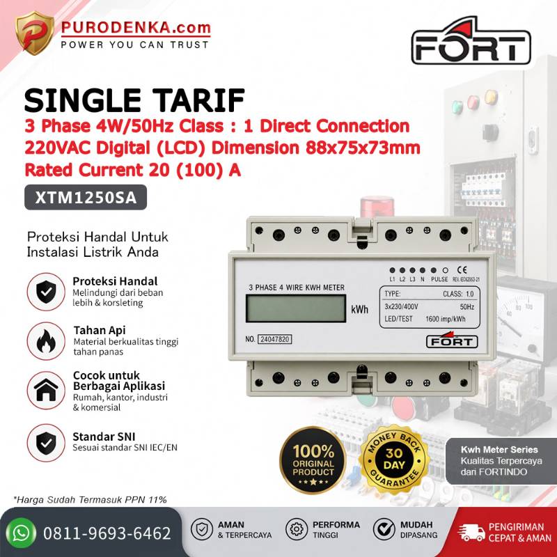 FORT Electronic Energy Meter (KWH Meter) Digital (LCD)>Direct Single Tarif 3 Phase 4W/50Hz 20(100)A XTM1250SA