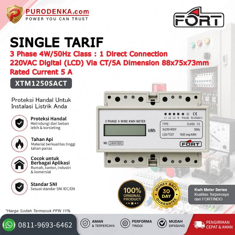 FORT Electronic Energy Meter (KWH Meter) Digital (LCD)>By CT /5A Single Tarif 3 Phase 4W/50Hz XTM1250SACT