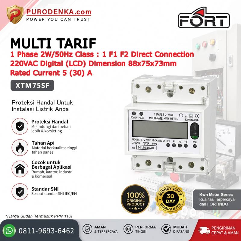 FORT Electronic Energy Meter (KWH Meter) Digital (LCD) Multi/Double Tarif 1 Phase 2W/50Hz 5(30)A XTM75SF