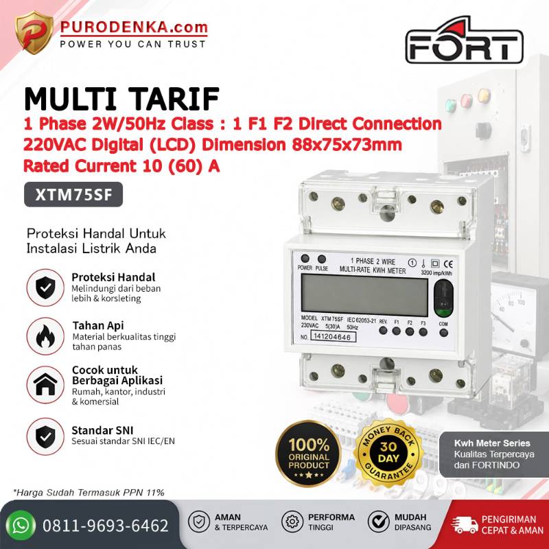 FORT Electronic Energy Meter (KWH Meter) Digital (LCD) Multi/Double Tarif 1 Phase 2W/50Hz 10(60)A XTM75SF