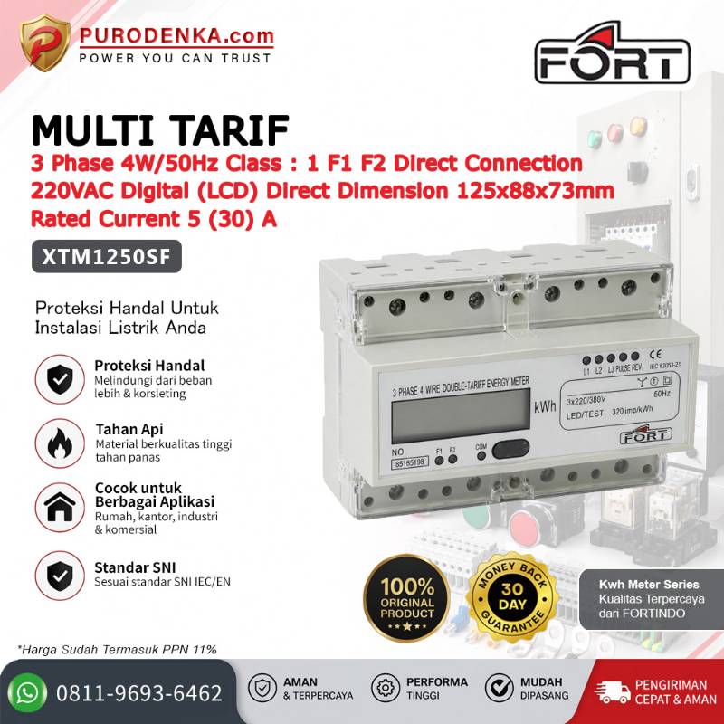 FORT Electronic Energy Meter (KWH Meter) Digital (LCD)>Direct Multi/Double Tarif 3 Phase 4W/50Hz 5(30)A XTM1250SF