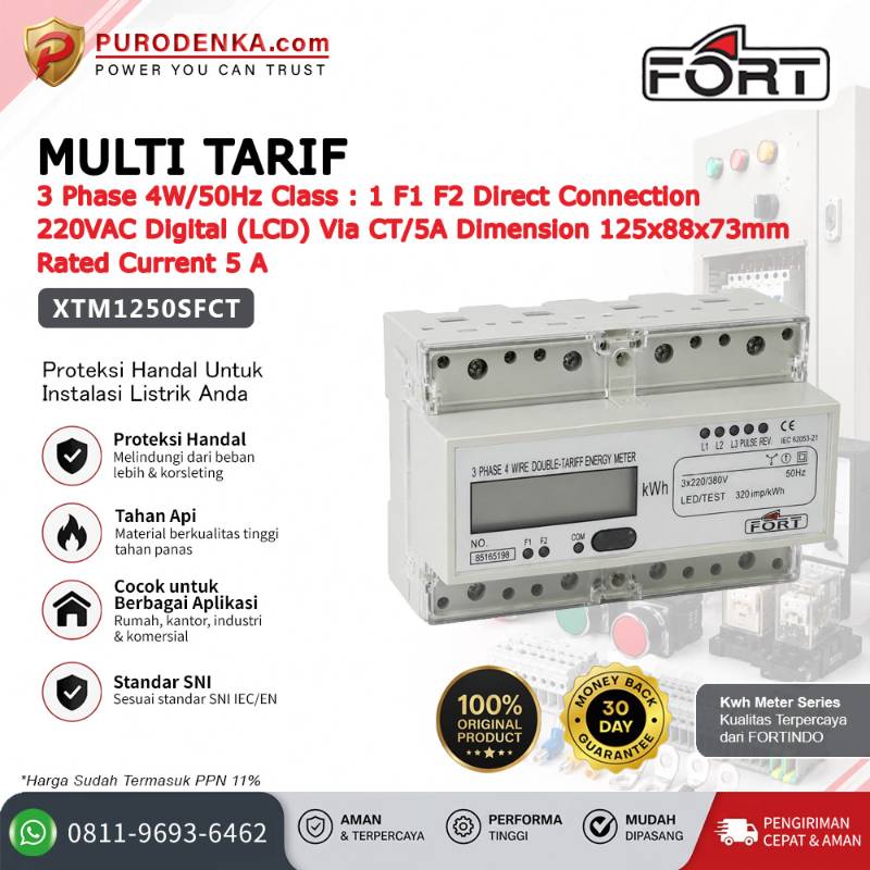 FORT Electronic Energy Meter (KWH Meter) Digital (LCD)>By CT /5A Multi/Double Tarif 3 Phase 4W/50Hz XTM1250SFCT