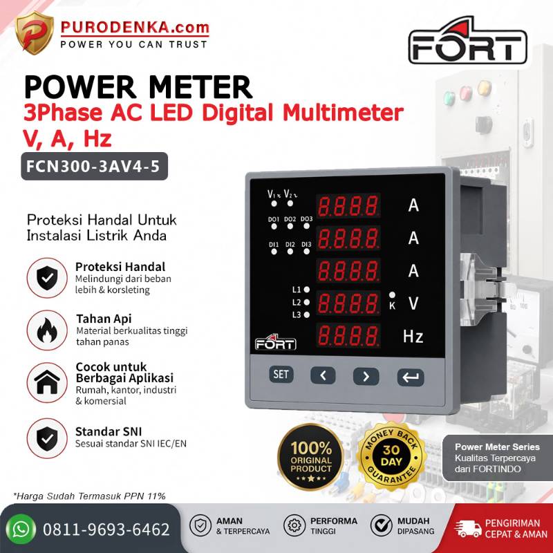 FORT Power Meter/Digital Multifunction Meter 3 Phase AC LED FCN-300-3AV4-5 / FT96-3VAF