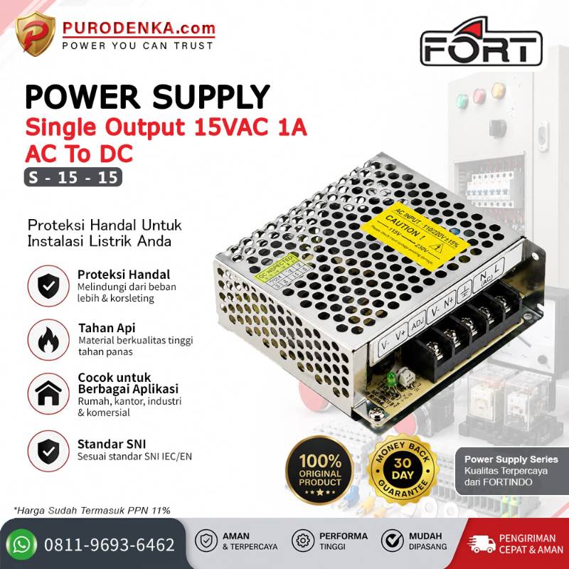 FORT Power Supply AC to DC Output 15VDC 1A S-15-15