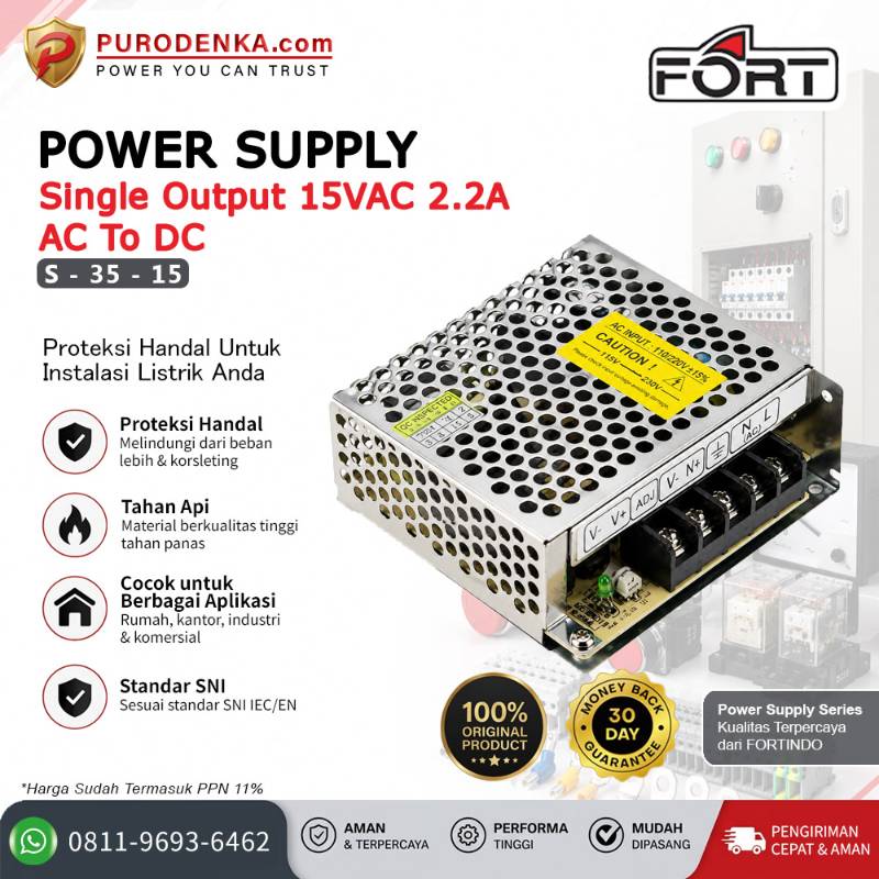 FORT Power Supply AC to DC Output 15VDC 2.2A S-35-15