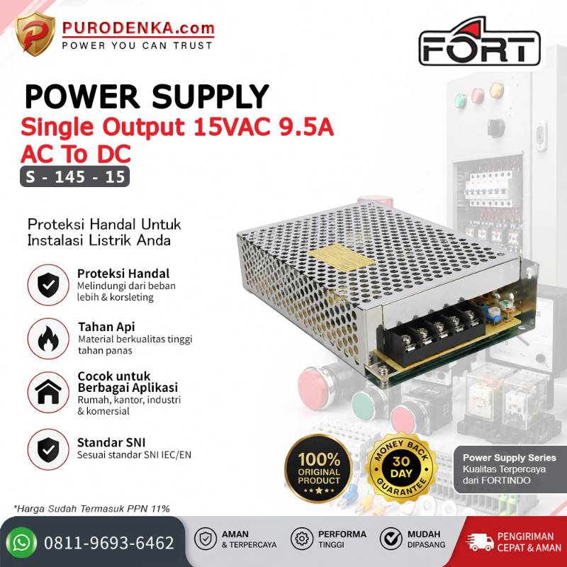 FORT Power Supply AC to DC Output 15VDC 9.5A S-145-15
