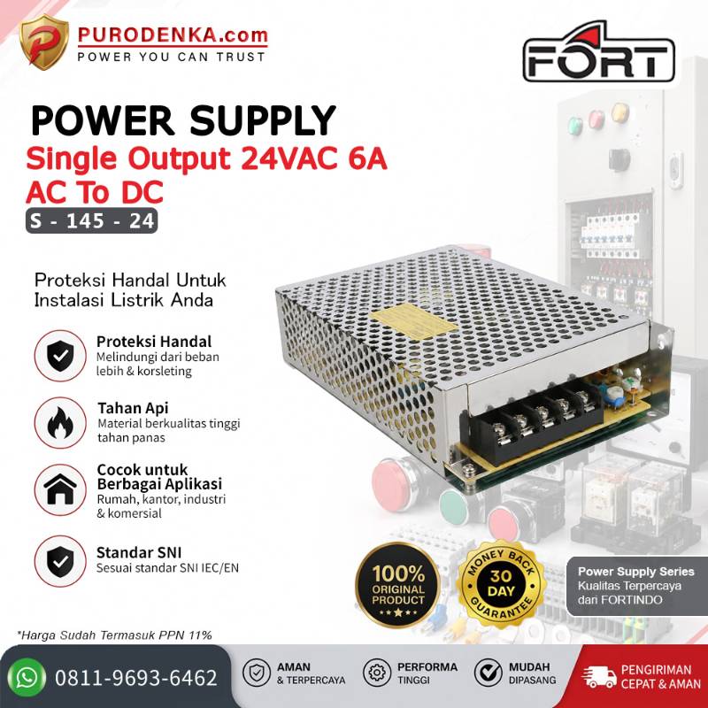 FORT Power Supply AC to DC Output 24VDC 6A S-145-24