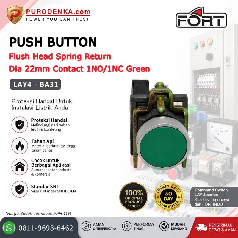 FORT Push Button Flush Head Spring Return 22mm 1NO/1NC Green LAY4-BA31