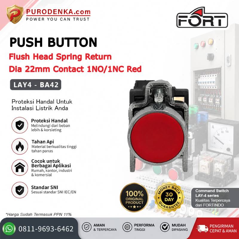 FORT Push Button Flush Head Spring Return 22mm 1NO/1NC Red LAY4-BA42