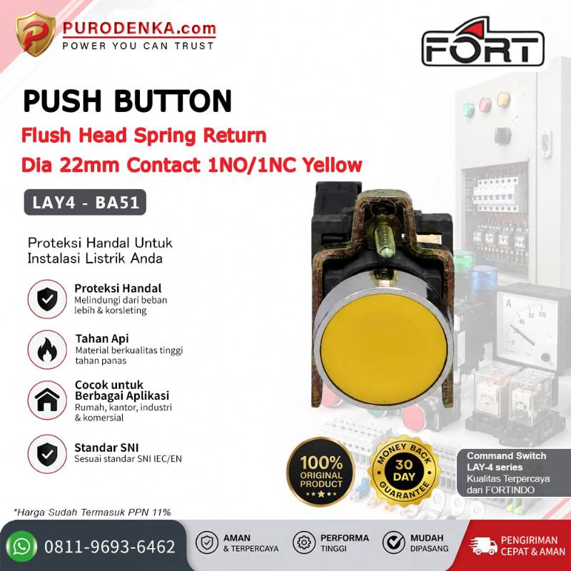 FORT Push Button Flush Head Spring Return 22mm 1NO/1NC Yellow LAY4-BA51