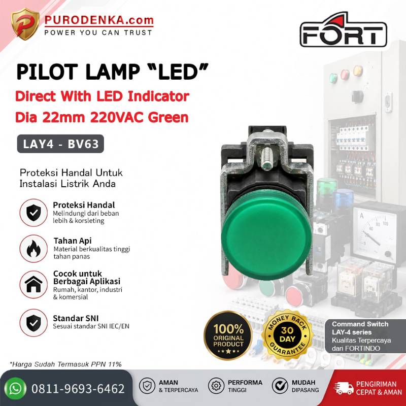 FORT Pilot Lamp LED 22mm 220VAC Green LAY4-BV63