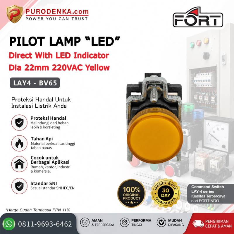 FORT Pilot Lamp LED 22mm 220VAC Yellow LAY4-BV65