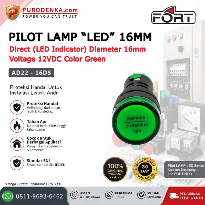 FORT Pilot Lamp LED 16mm 12VDC Green AD22-16DS