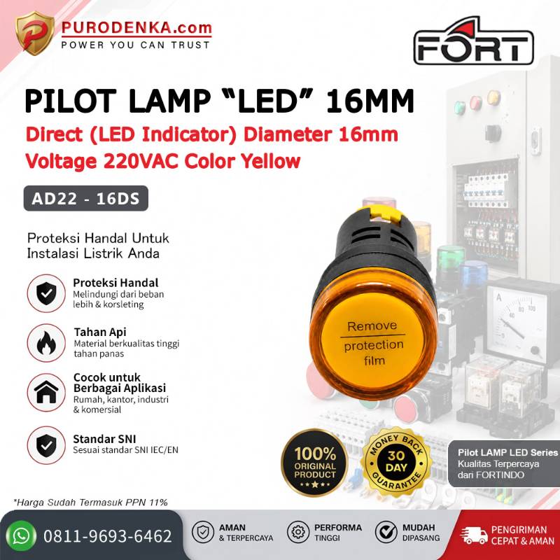 FORT Pilot Lamp LED 16mm 220VAC Yellow AD22-16DS