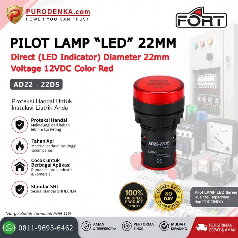 FORT Pilot Lamp LED 22mm 12VDC Red AD22-22DS