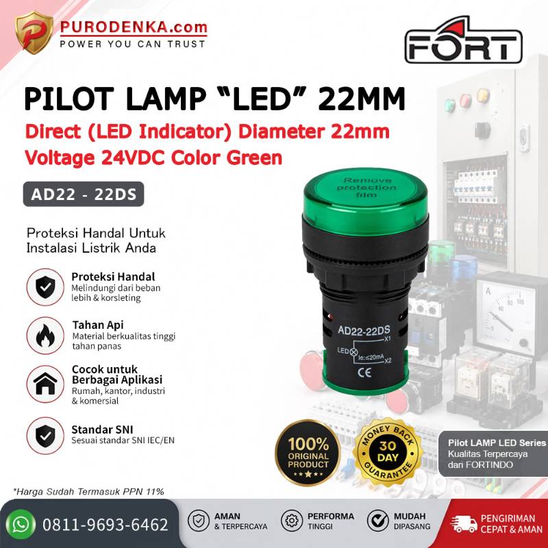 FORT Pilot Lamp LED 22mm 24VDC Green AD22-22DS