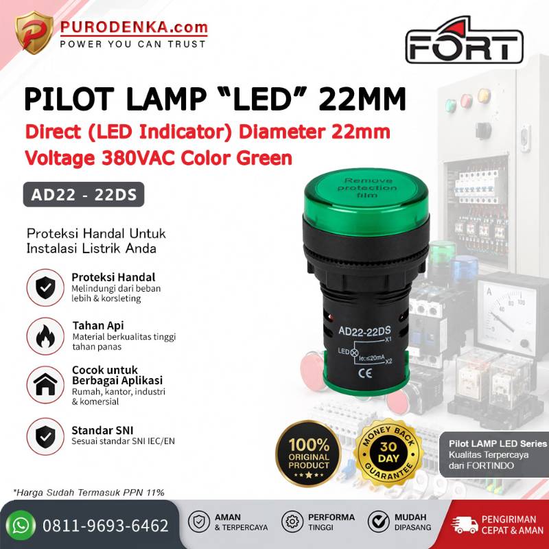 FORT Pilot Lamp LED 22mm 380VAC Green AD22-22DS
