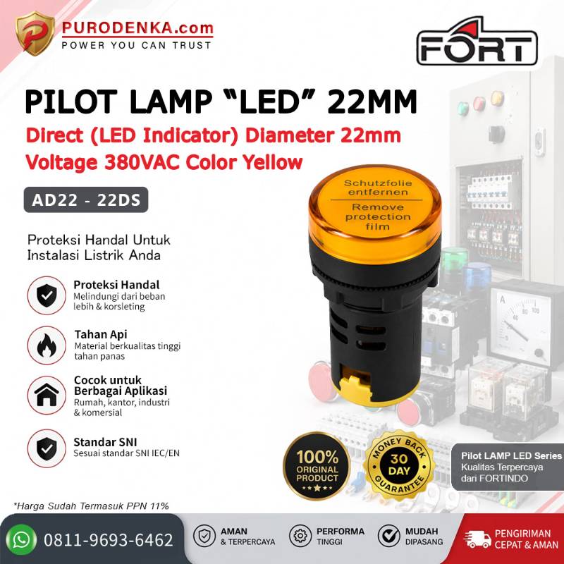 FORT Pilot Lamp LED 22mm 380VAC Yellow AD22-22DS