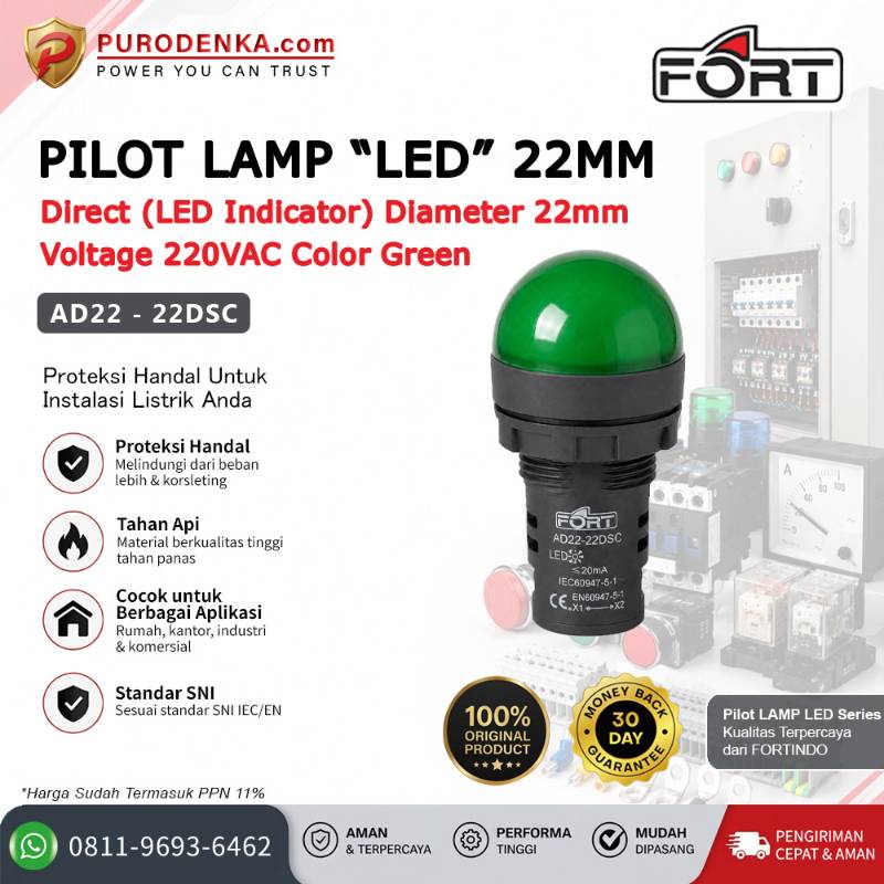 FORT Pilot Lamp LED 22mm 220VAC Green AD22-22DSC