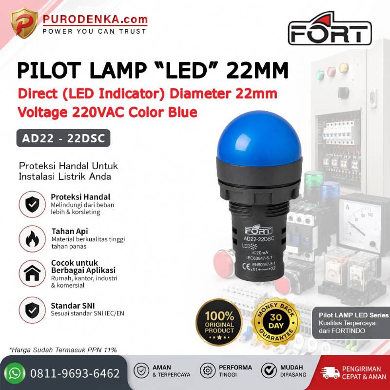 FORT Pilot Lamp LED 22mm 220VAC Blue AD22-22DSC