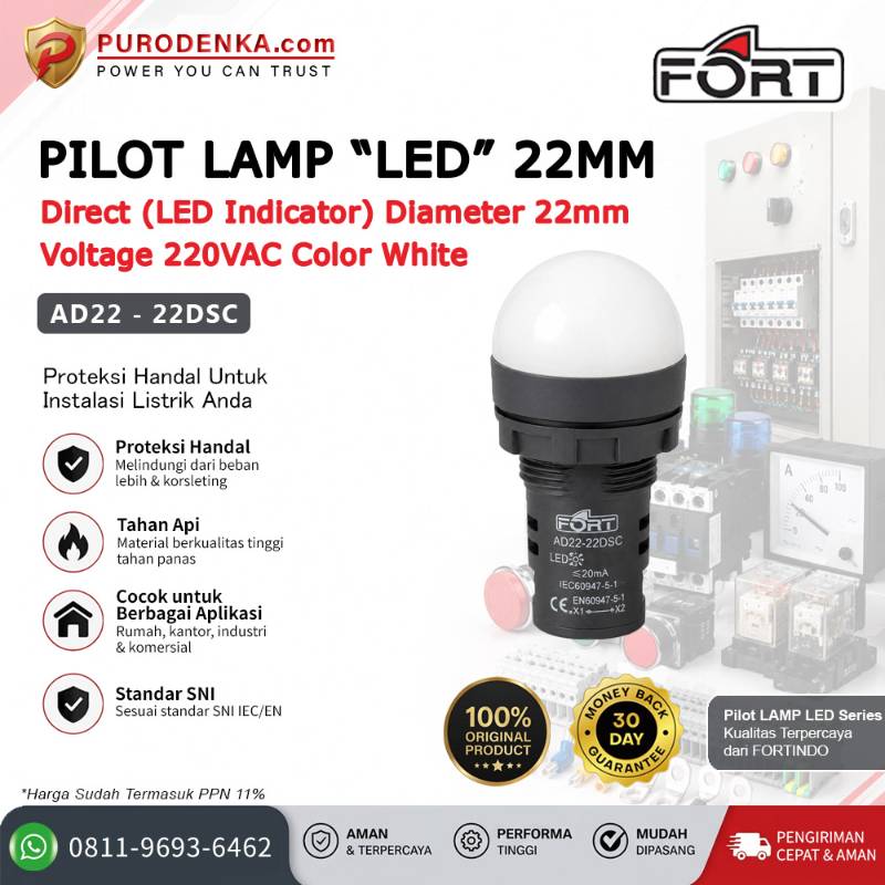 FORT Pilot Lamp LED 22mm 220VAC White AD22-22DSC