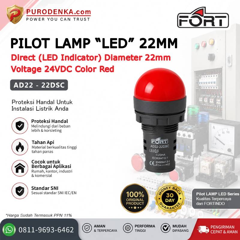 FORT Pilot Lamp LED 22mm 24VDC Red AD22-22DSC