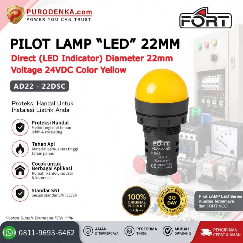 FORT Pilot Lamp LED 22mm 24VDC Yellow AD22-22DSC