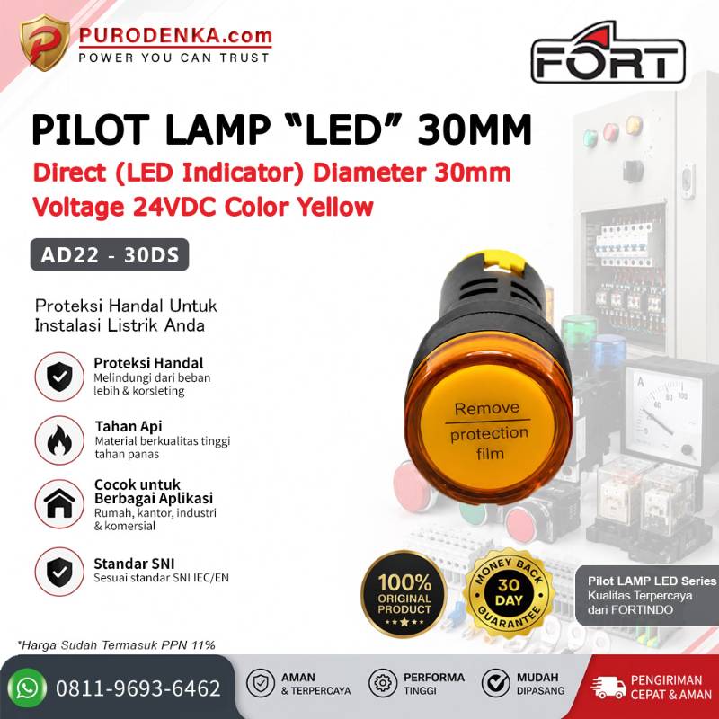 FORT Pilot Lamp LED 30mm 24VDC Yellow AD22-30DS
