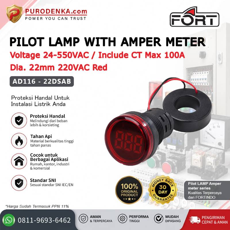 FORT Pilot Lamp with Amper Meter 1-100A CT Max. 100A 22mm 220VAC Red Bulat AD116-22DSAB