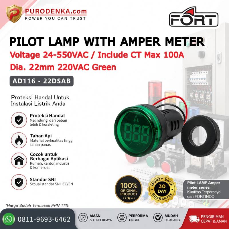 FORT Pilot Lamp with Amper Meter 1-100A CT Max. 100A 22mm 220VAC Green Bulat AD116-22DSAB